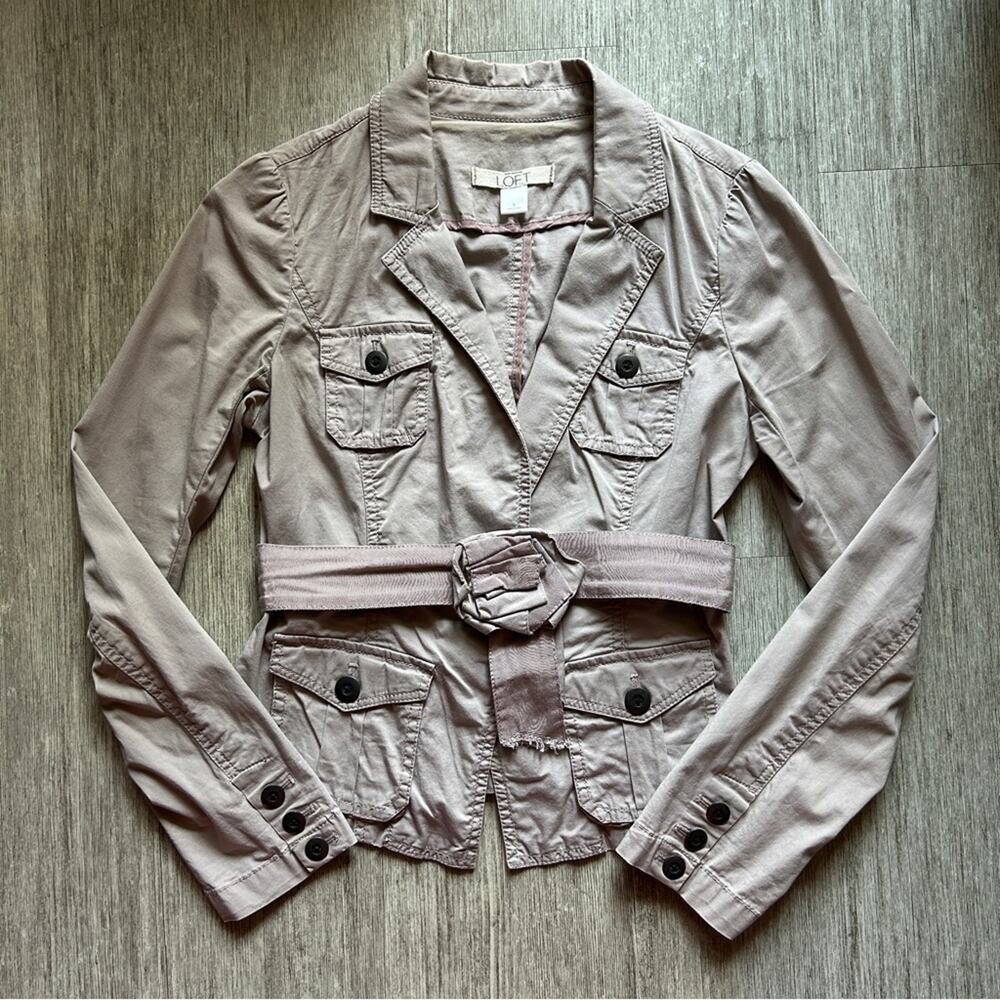 LOFT Khaki Tan Belted Button Pockets Utility Style Blazer Jacket Coat Size Small